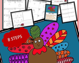 Può includere: Illustrazione colorata di un tacchino con piume decorate. L'immagine include istruzioni passo passo per disegnare un tacchino, con il testo "Turkey Directed Drawing" in alto. Una nuvoletta rossa dice "8 Steps".