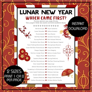 Puede incluir: Un juego del Año Nuevo Lunar con el texto "Which Came First?" en rojo. El juego incluye una lista de tradiciones del Año Nuevo Lunar y un círculo negro con las palabras "Instant Download". El fondo es rojo y dorado.