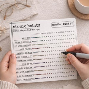 May include: A white habit tracker with the text "atomic habits" and "small steps. big change." The tracker includes daily goals like drinking water and exercising. A hand is using a black marker to mark off a day.