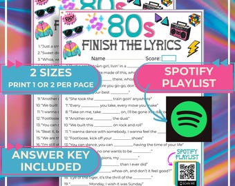 80s Finish the Lyrics Printable Trivia Game, 1980s Music Trivia Party Game, Retro Song Lyrics Quiz, Spotify Playlist Game, 1980s Activity
