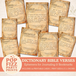 May include: A collection of vintage-style cards with Bible verses, including "Abide," "Holy," and "Kind." The cards have a distressed paper look and decorative borders. The image also includes the text "Dictionary Bible Verses" and "Ephemera for Journaling & Bookmarks."