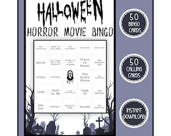 Halloween Horror Movie Bingo Game Printable, 50 Bingo Cards, Scary Party Games for Adults & Teens, Fun Halloween Party Scary Games