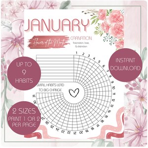 May include: A printable habit tracker for January with a floral design. The design includes the word "January", the flower of the month, carnation, and a circular chart to track habits. The text "Instant Download" is also included.
