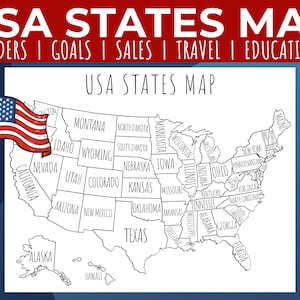 Może przedstawiać: Czarno-biała mapa stanów USA z etykietą każdego stanu. Flaga amerykańska powiewa na maszcie po lewej stronie. Słowa "USA STATES MAP" znajdują się na górze, z dodatkowym tekstem poniżej: "ORDERS | GOALS | SALES | TRAVEL | EDUCATION."