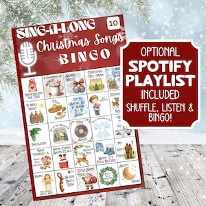 May include: A Christmas-themed bingo game card with a red background and festive illustrations. The card features song titles like "Jingle Bells" and "Rudolph the Red-Nosed Reindeer." Includes an optional Spotify playlist.
