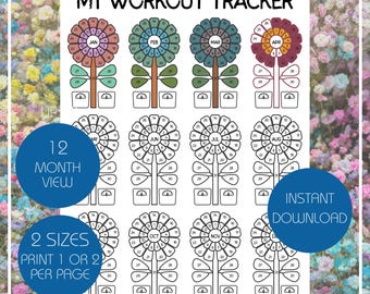 Jaarlijkse workout-tracker Afdrukbare bloem Fitness gewoonte-tracker, ingekleurd trainingslogboek, fitness- en gezondheidsplanner, gedateerd en niet-gedateerd