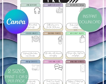 May include: A printable planner page with the word "IRL" at the top, featuring sections for "On Repeat," "Watch List," "Reading Now," "Food Faves," "Drink Phase," "Recent Buys," "New Spots," "Social Log," and "Online Finds." Includes the text "Instant Download" and "2 Sizes."