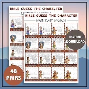 May include: A printable Bible Guess the Character memory match game sheet featuring 48 pairs of cards. Each card displays a cartoon illustration of a biblical figure, a descriptive text summary of their life, and a corresponding Bible book reference.