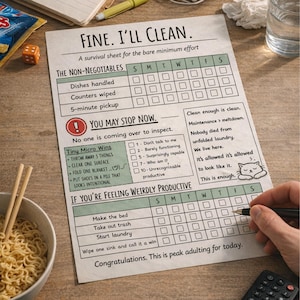 May include: A printed survival sheet titled "Fine. I'll Clean." with checkboxes for daily chores. The sheet includes sections for non-negotiables, tiny micro wins, and feeling productive. A bowl of noodles and chopsticks are in the foreground.