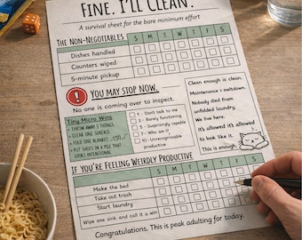 May include: A printed survival sheet titled "Fine. I'll Clean." with checkboxes for daily chores. The sheet includes sections for non-negotiables, tiny micro wins, and feeling productive. A bowl of noodles and chopsticks are in the foreground.