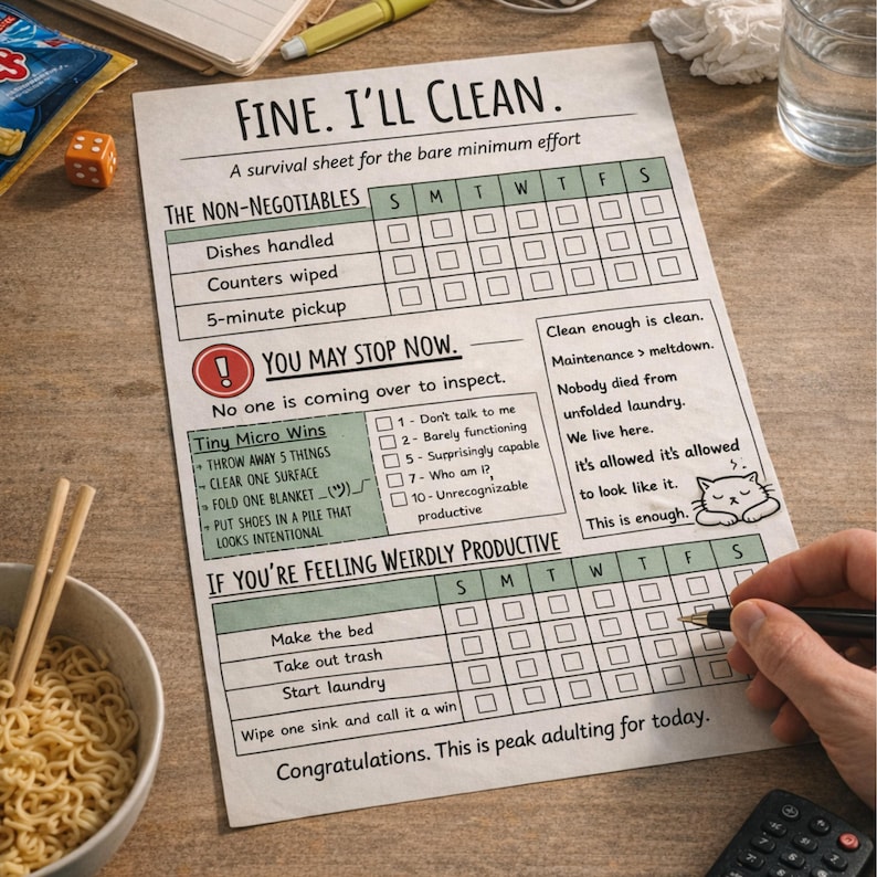 May include: A printed survival sheet titled "Fine. I'll Clean." with checkboxes for daily chores. The sheet includes sections for non-negotiables, tiny micro wins, and feeling productive. A bowl of noodles and chopsticks are in the foreground.