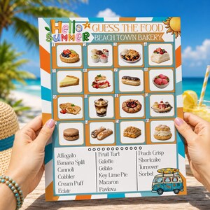May include: A rectangular game sheet titled Hello Summer Guess The Food Beach Town Bakery featuring sixteen numbered squares with images of various desserts, a list of food names, and a colorful illustration of a vintage van at the bottom.