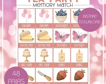 May include: A pink and white Tea Party Memory Match game featuring illustrations of balloons, blueberries, butter dishes, butterflies, cake stands, candles, knives, and chocolate-covered strawberries. The game includes 48 pairs and is available for instant download.