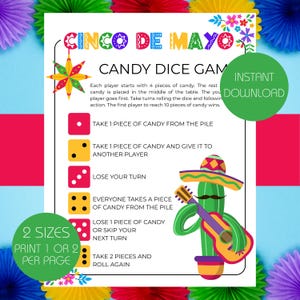 Op de afbeelding: Een kleurrijk, printbaar Cinco de Mayo Candy Dice Game. Het spel bevat instructies, dobbelsteenworpacties en een cactus die gitaar speelt. De tekst bevat "Direct downloaden" en "2 maten, 1 of 2 per pagina afdrukken".