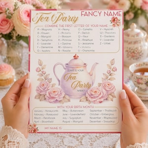 May include: A tea party game card with a floral design, featuring a teapot illustration and a list of names and birth month options. The card is held by a person. The text on the card reads "Tea Party" and "Fancy Name".
