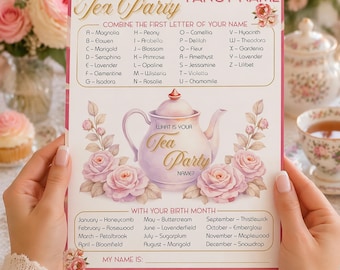 May include: A tea party game card with a floral design, featuring a teapot illustration and a list of names and birth month options. The card is held by a person. The text on the card reads "Tea Party" and "Fancy Name".
