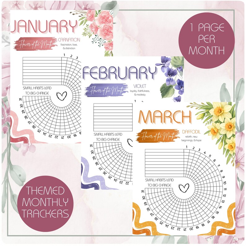 Monthly Floral Habit Tracker Printable Track 9 Habits Coloring Progress ...