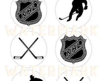 Op de afbeelding: Zwart-wit hockey-thema afbeeldingen op een witte achtergrond. De afbeelding bevat het NHL-logo, hockeysticks en silhouetten van hockeyspelers. De tekst bovenaan luidt: "PRINT, CUT OUT & LAMINATE (OPTIONAL)".