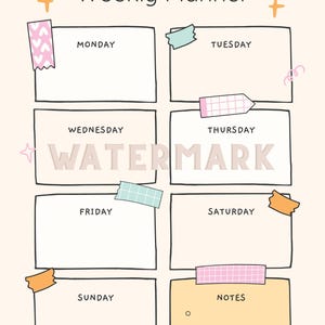 Op de afbeelding: Een weekplanner met een crèmekleurige achtergrond en zwarte contouren. De planner is verdeeld in zeven dagen, elk met een leeg rechthoekig vak. Decoratieve tape en steraccenten zijn inbegrepen. De tekst "Weekly Planner" staat bovenaan.