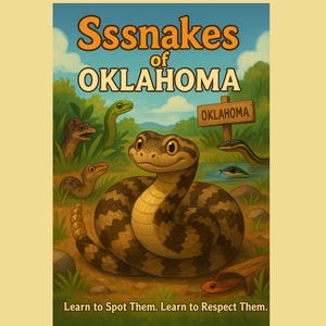 Puede incluir: Ilustración colorida titulada "Ssssnakes of Oklahoma" con una serpiente sonriente en primer plano. Otras serpientes están en el fondo, con el texto "Learn to Spot Them. Learn to Respect Them."