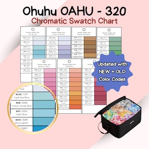 Peut inclure: Un nuancier chromatique pour les marqueurs Ohuhu OAHU-320, présentant des échantillons de couleurs dans diverses teintes telles que les bleus glacés, les violets froids et les bruns terre. Comprend un gros plan des codes de couleurs et un étui de transport noir rempli de marqueurs.