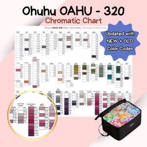 Peut inclure: Un nuancier intitulé "Ohuhu OAHU - 320 Chromatic Chart" avec des échantillons de couleurs et un gros plan de teintes roses et violettes. Le tableau comprend le texte "Updated with NEW + OLD Color Codes" et un étui noir rempli de marqueurs.