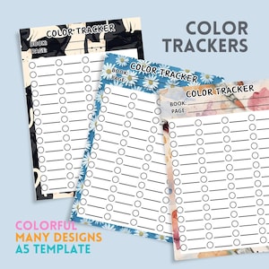 May include: Three colorful A5 color trackers with different designs. The trackers have a space for the book and page, and a series of circles for tracking. The text "COLOR TRACKER" is at the top of each tracker. The text "COLORFUL MANY DESIGNS A5 TEMPLATE" is at the bottom.