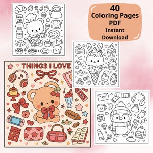 Peut inclure: Un téléchargement numérique avec quatre pages à colorier carrées présentant des illustrations mignonnes. Les pages incluent un ours chef, un lapin cornet de glace, un ours avec un nœud et un pingouin avec un chapeau. Le texte sur l'image indique "40 pages à colorier PDF Téléchargement instantané."