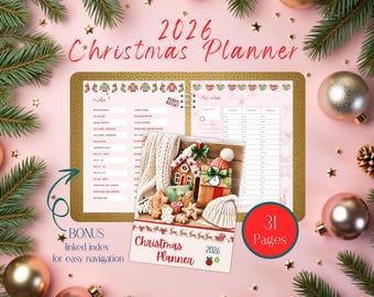 Puede incluir: Un planificador navideño para 2026 con borde dorado, abierto para mostrar el índice y las páginas de planificación semanal. Un planificador más pequeño muestra una casa de jengibre y galletas. El texto "Christmas Planner 2026" es visible.