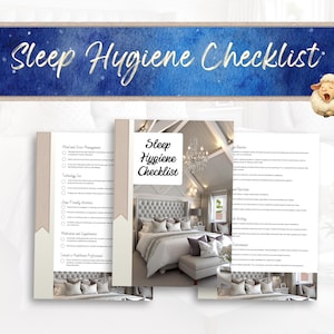 May include: A sleep hygiene checklist with a blue banner that reads "Sleep Hygiene Checklist" in cursive. The checklist includes sections on mind and stress management, technology use, and sleep-friendly actions. A cartoon sheep is in the upper right corner.