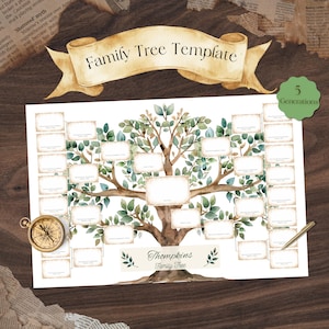 5 Generation Stammbaum Vorlage | 24 x 16 Genealogische Karte, Aquarell Ancestry Erbe druckbare, digitaler Download, DIY Familiengeschichte