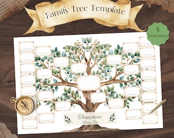5 Generation Stammbaum Vorlage | 24 x 16 Genealogische Karte, Aquarell Ancestry Erbe druckbare, digitaler Download, DIY Familiengeschichte