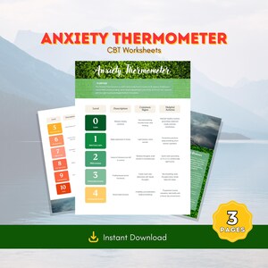 Puede incluir: Hojas de trabajo de CBT del termómetro de ansiedad con un diseño verde y blanco. Las hojas de trabajo incluyen niveles, descripciones, signos comunes y acciones útiles. La imagen también incluye el texto "Descarga instantánea" y "3 páginas".
