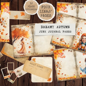 Könnte beinhalten: Eine Sammlung von "Dreamy Autumn" Junk-Journal-Seiten und Ephemera. Das Set enthält 12 Ephemera-Teile und vier 27,9 x 21,6 cm große Seiten. Die Seiten zeigen Aquarellillustrationen von Herbstszenen mit fallenden Blättern.