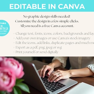 K&ouml;nnte beinhalten: Eine Person benutzt einen Laptop mit dem Text "EDITABLE IN CANVA" und einer Liste von Funktionen. Das Bild enth&auml;lt rosa Blumen und ein Notizbuch. Der Laptop-Bildschirm ist nicht sichtbar.