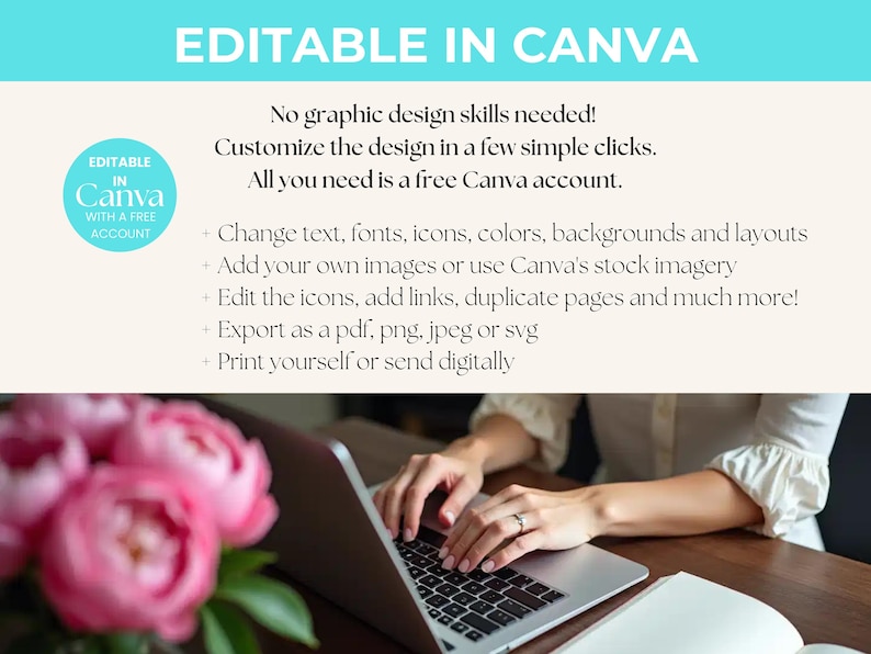 K&ouml;nnte beinhalten: Eine Person benutzt einen Laptop mit dem Text "EDITABLE IN CANVA" und einer Liste von Funktionen. Das Bild enth&auml;lt rosa Blumen und ein Notizbuch. Der Laptop-Bildschirm ist nicht sichtbar.