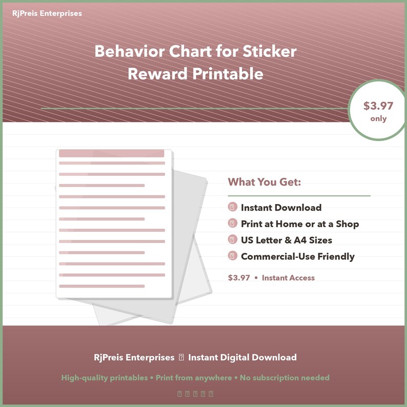 Behavior Chart for Sticker Reward Printable | Digital Download | PDF ...