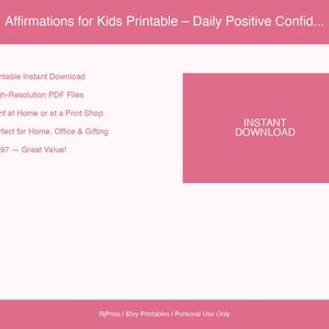 Può includere: Grafica digitale rosa e bianca con il testo "Affirmations for Kids Printable - Daily Positive Confid..." e "Instant Download". Include file PDF ad alta risoluzione, perfetti per la casa, l'ufficio o per fare regali.