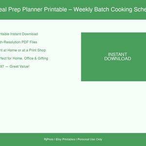 Puede incluir: Un planificador imprimible de preparación de comidas con el texto "Meal Prep Planner Printable - Weekly Batch Cooking Sche..." y "Descarga instantánea". El planificador incluye opciones de descarga instantánea, archivos PDF de alta resolución e impresión en casa o en una imprenta.