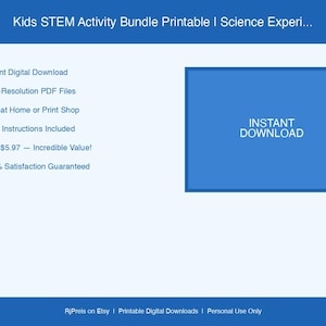 Puede incluir: Gráfico de descarga digital azul y blanco para un paquete de actividades STEM para niños. La imagen incluye el texto "Descarga instantánea" dentro de un rectángulo azul, y una lista de características como "Descarga digital instantánea" e "Instrucciones fáciles incluidas".