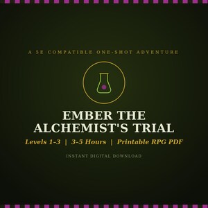 Fantasy RPG One Shot Adventure: Embers Alchemist Trial | 5e Compatible Levels 1-3 | Printable Puzzle PDF with Map & Pregens