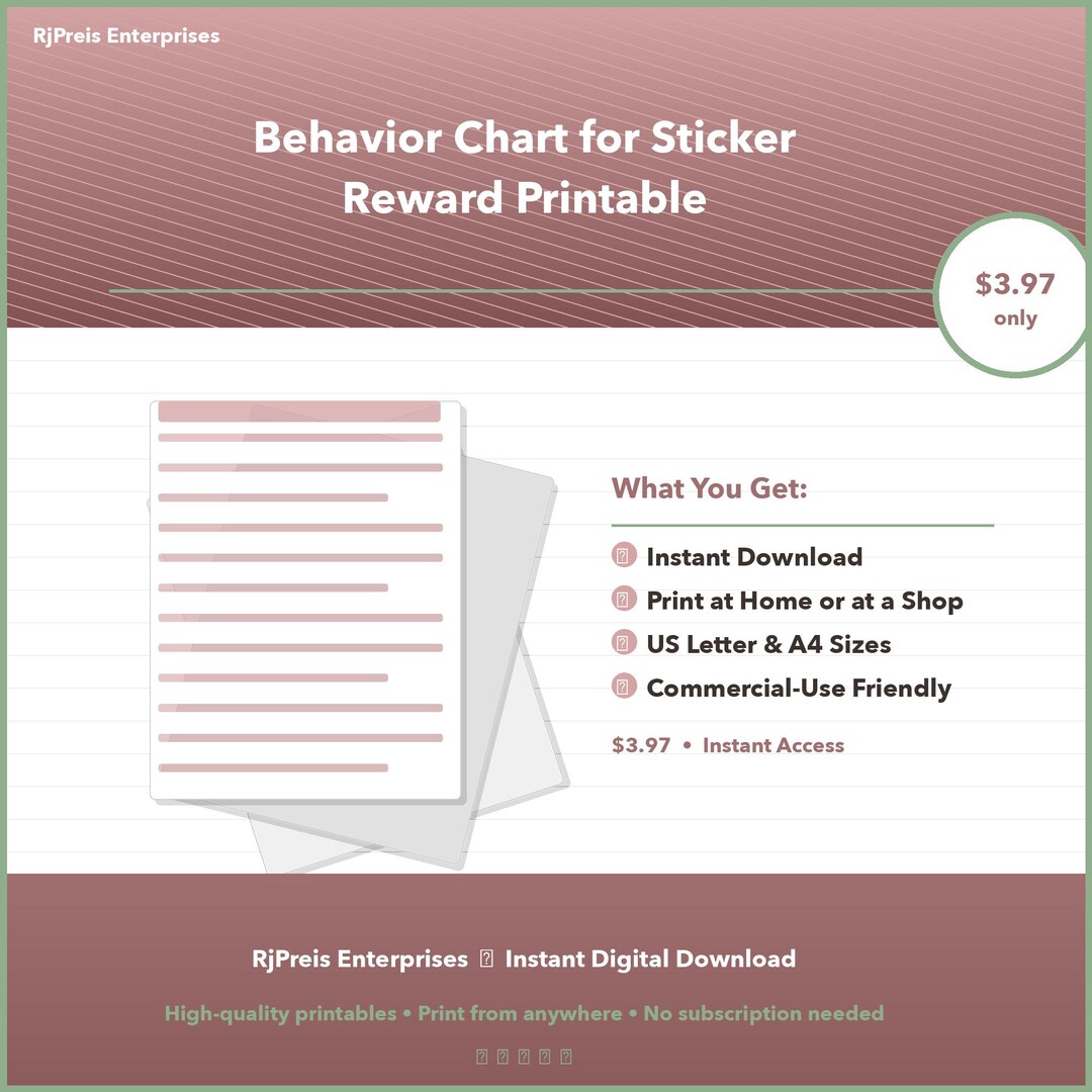 Behavior Chart for Sticker Reward Printable | Digital Download | PDF ...