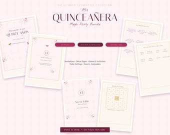 Quinceanera Party Decor Bundle | Mis Quince Anos Printable Kit | Sweet 15 Invitation, Signs, Games, Favors | Instant Download PDF