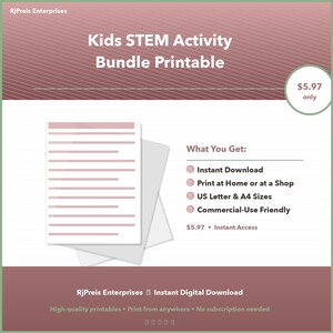Könnte beinhalten: Ein druckbares STEM-Aktivitäten-Paket für Kinder. Das Bild zeigt einen Stapel Papiere mit dem Text "Kids STEM Activity Bundle Printable". Enthält Sofort-Download, A4-Formate und kommerzielle Nutzung.