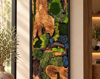 Preserved Moss Wall Art: Live Edge Olive Wood Wall Decor, Vertical Framed Biophilic Panel
