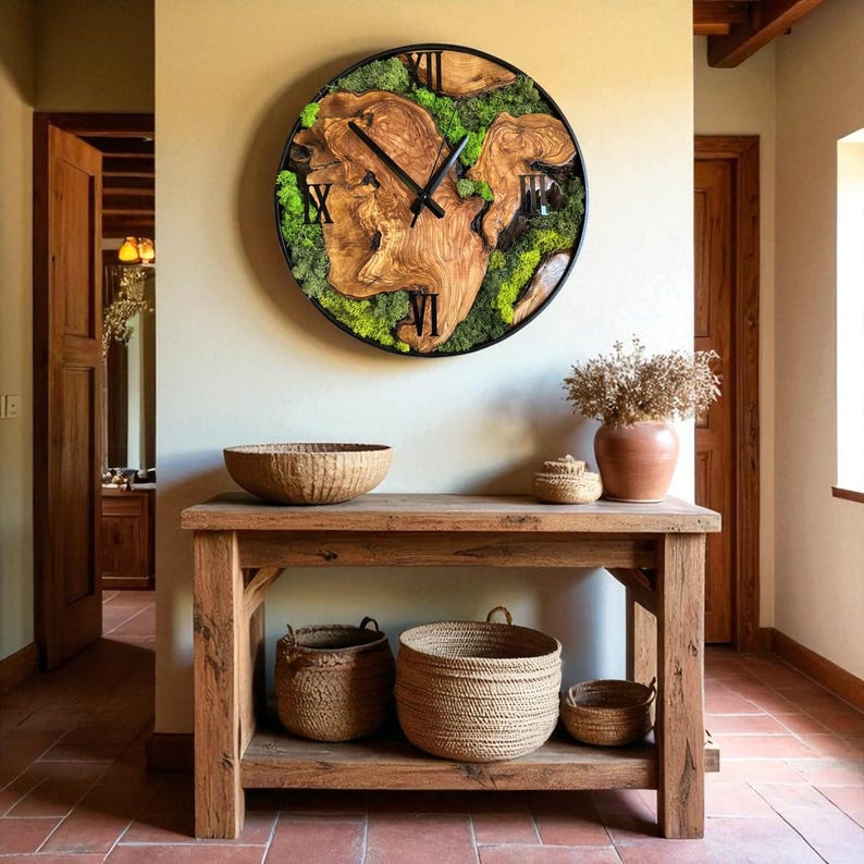 Natural wooden clock with green moss accent, ideal for farmhouse interiors.