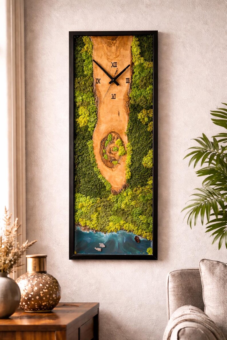 Olive Wood Wall Clock With Moss & Epoxy River, Live Edge Wooden Clock ...