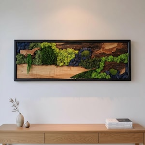 Moss and Olive Wood Wall Art, Rectangular Handmade Wall Decor with Black Wooden Frame