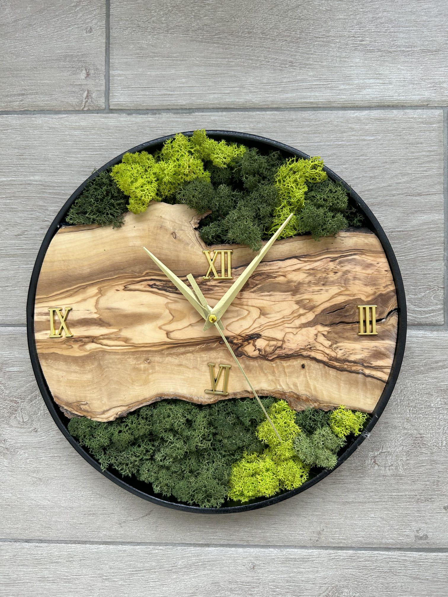 Live Edge Olive Wood Clock With Preserved Moss, Modern Rustic Design ...