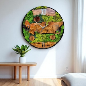 Handmade Olive Wood & Moss Wall Clock, Rustic Metal Frame Clock, Preserved Moss Wall Art, Natural Olive Wooden Clock Decor